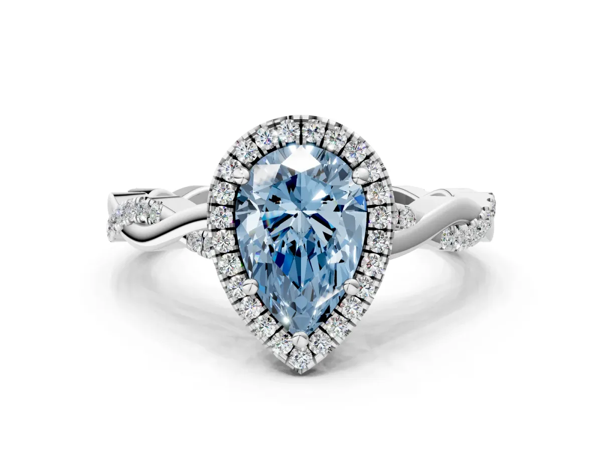 Fancy Blue Pear Cut Cut Halo Twisted Band Four-Prong Ring Platinum