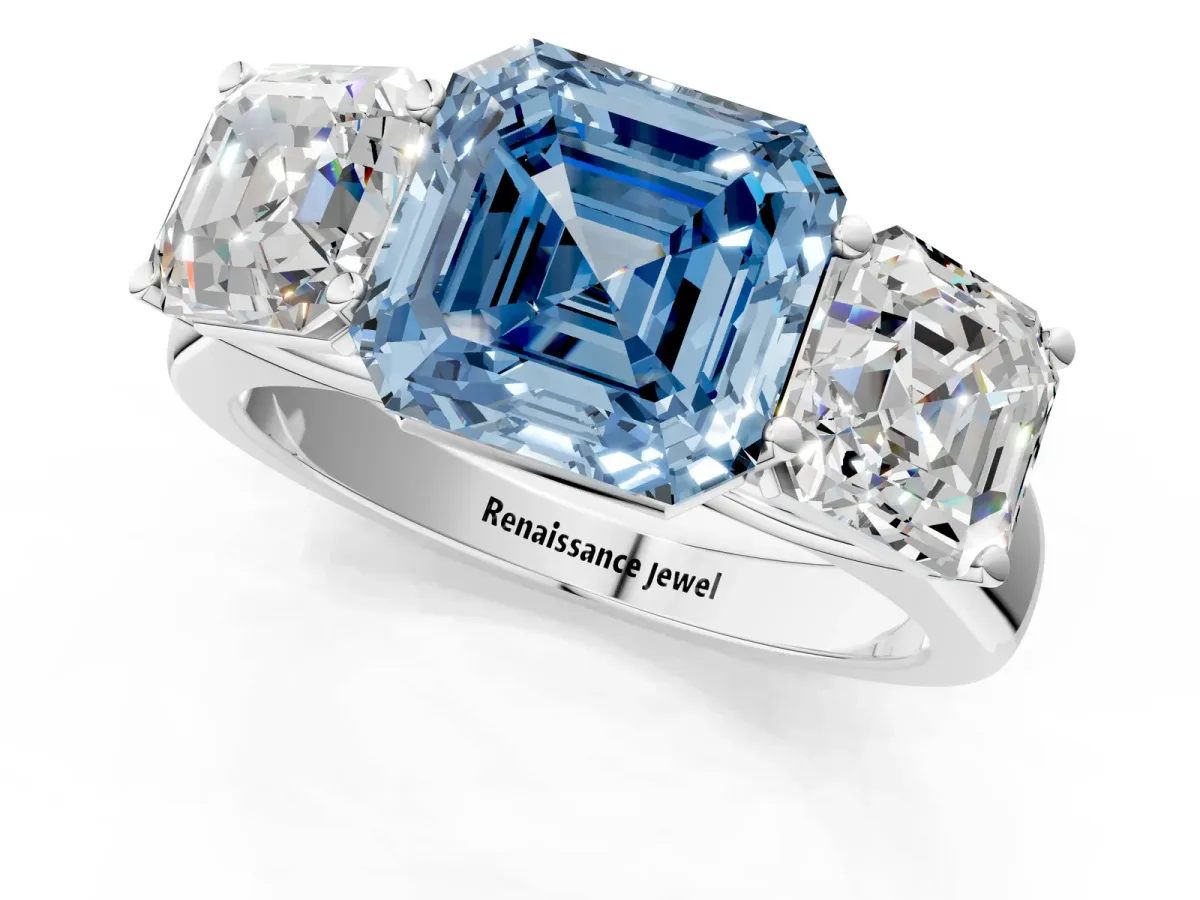 Fancy Blue Asscher Cut Three-Stone Diamond Ring with Prong Setting on a Classic Band Platinum