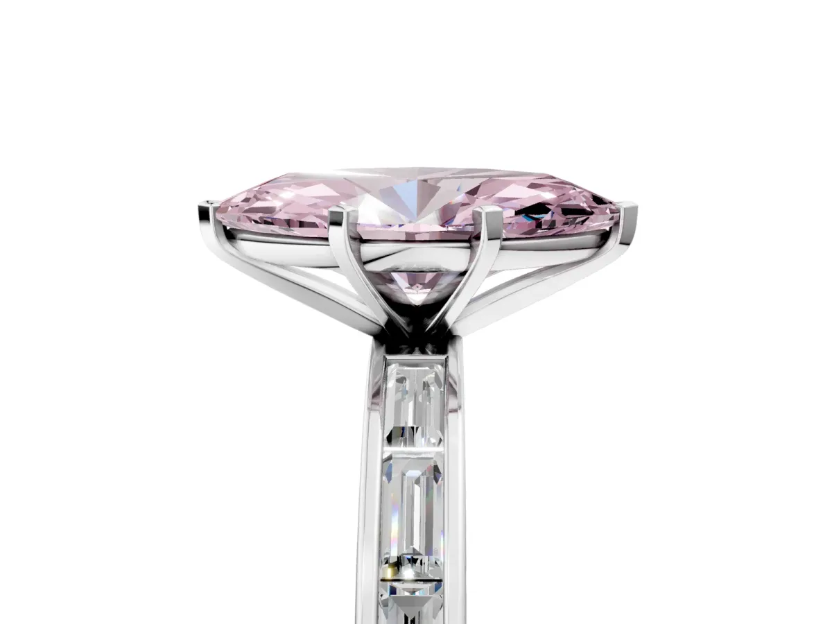 Fancy Pink Marquise Cut Solitaire Diamond Ring with Channel-Set Baguette Band and Four-Prong Setting Platinum