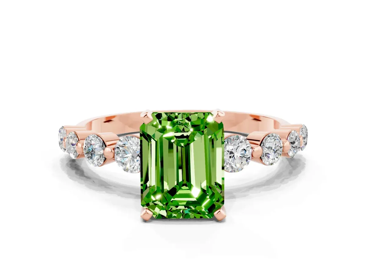 Emerald Cut Solitaire Peridot Ring with Pave Band and Four-Prong Setting Rose gold