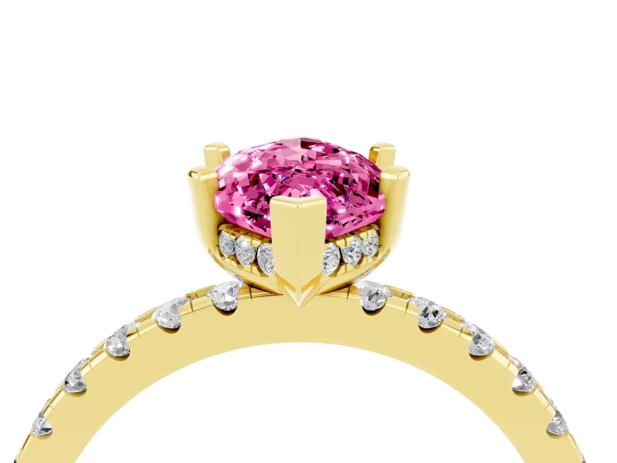 Marquise Cut Pink Sapphire Solitaire Ring with Round Pavé Band and Four-Prong Setting Yellow gold