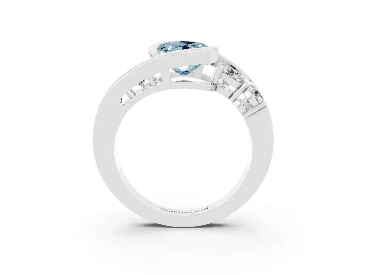 Bezel Set Oval Cut Aquamarine Bypass Ring with Round Accents Silver