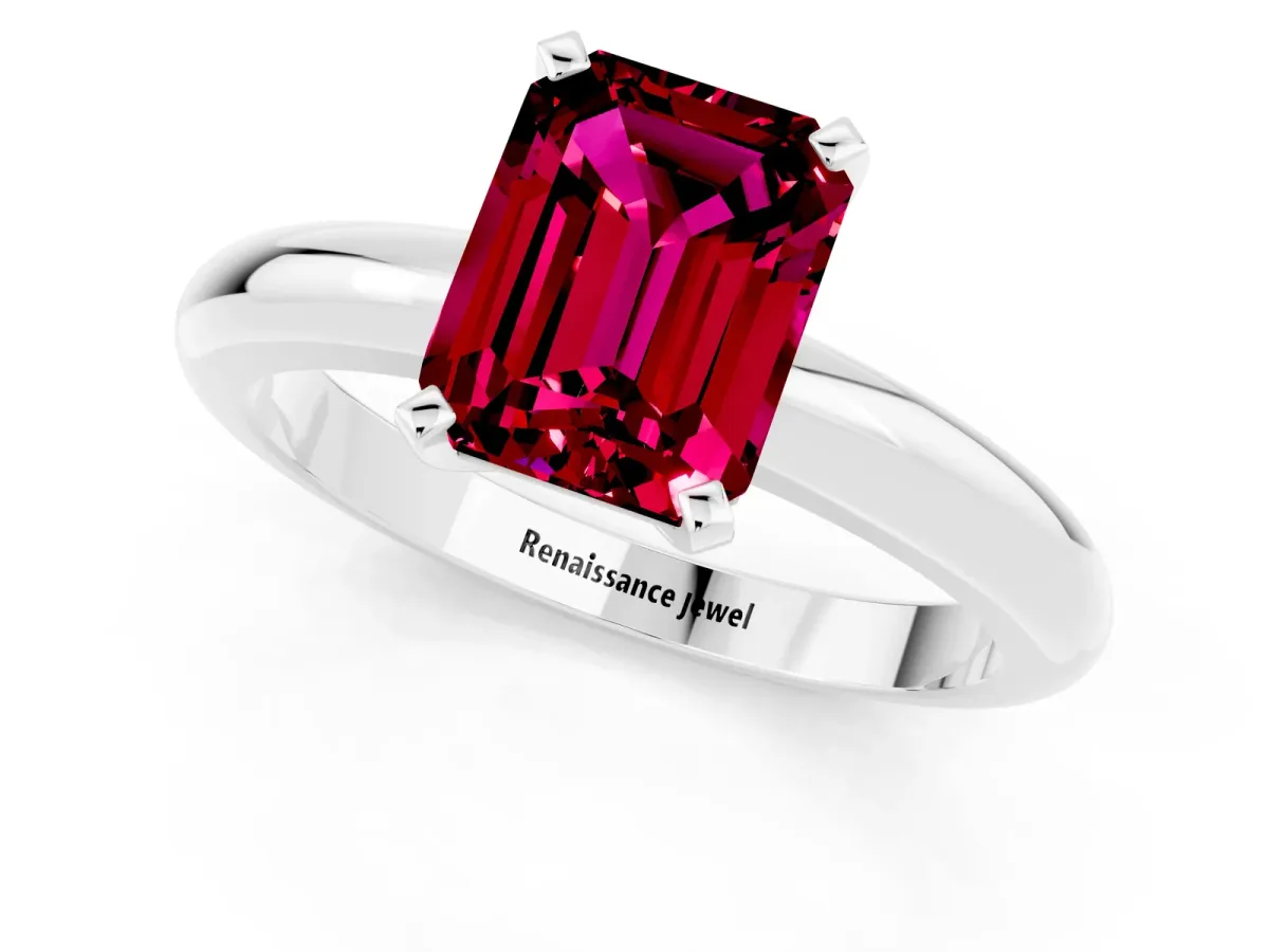 Emerald Cut Garnet Solitaire Engagement Ring with Round Band and Four-Prong Setting Platinum