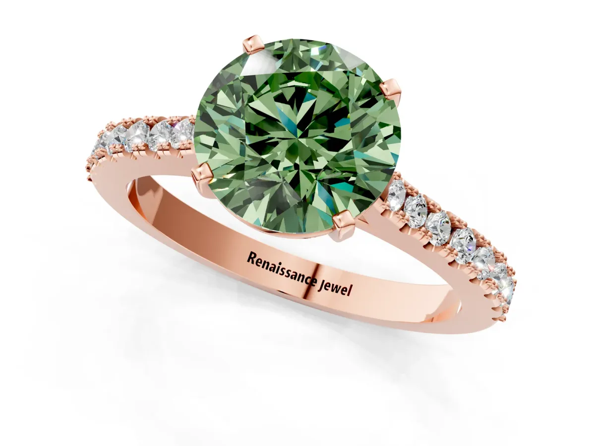 Fancy Green Asscher Cut Cut Solitaire Diamond Engagement Ring with Pave Band and Four-Prong Setting Rose gold