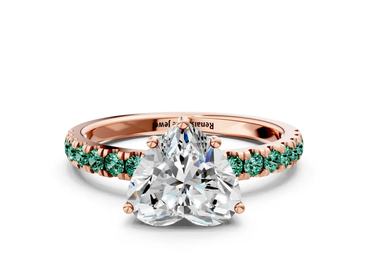 Heart Cut Diamond Pave Band Solitaire Ring with Round Green Sapphire and Prong Setting Rose gold