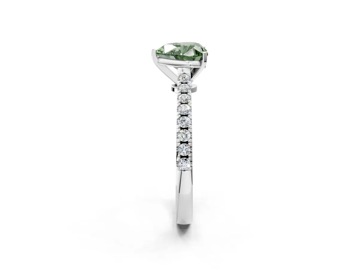 Fancy Green Heart Cut Cut Solitaire Diamond Engagement Ring with Pave Band and Four-Prong Setting White gold
