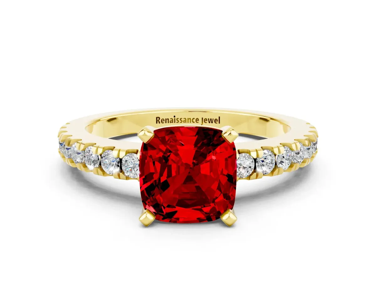 Cushion Cut Solitaire Ruby with Pavé Band and Four-Prong Setting Yellow gold