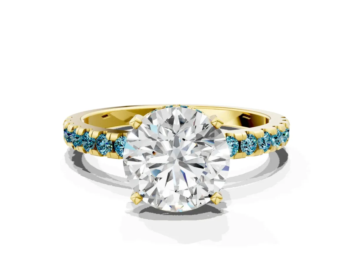 Round Cut Diamond Solitaire Ring with Round Blue Topaz Pavé Band and Four-Prong Setting Yellow gold