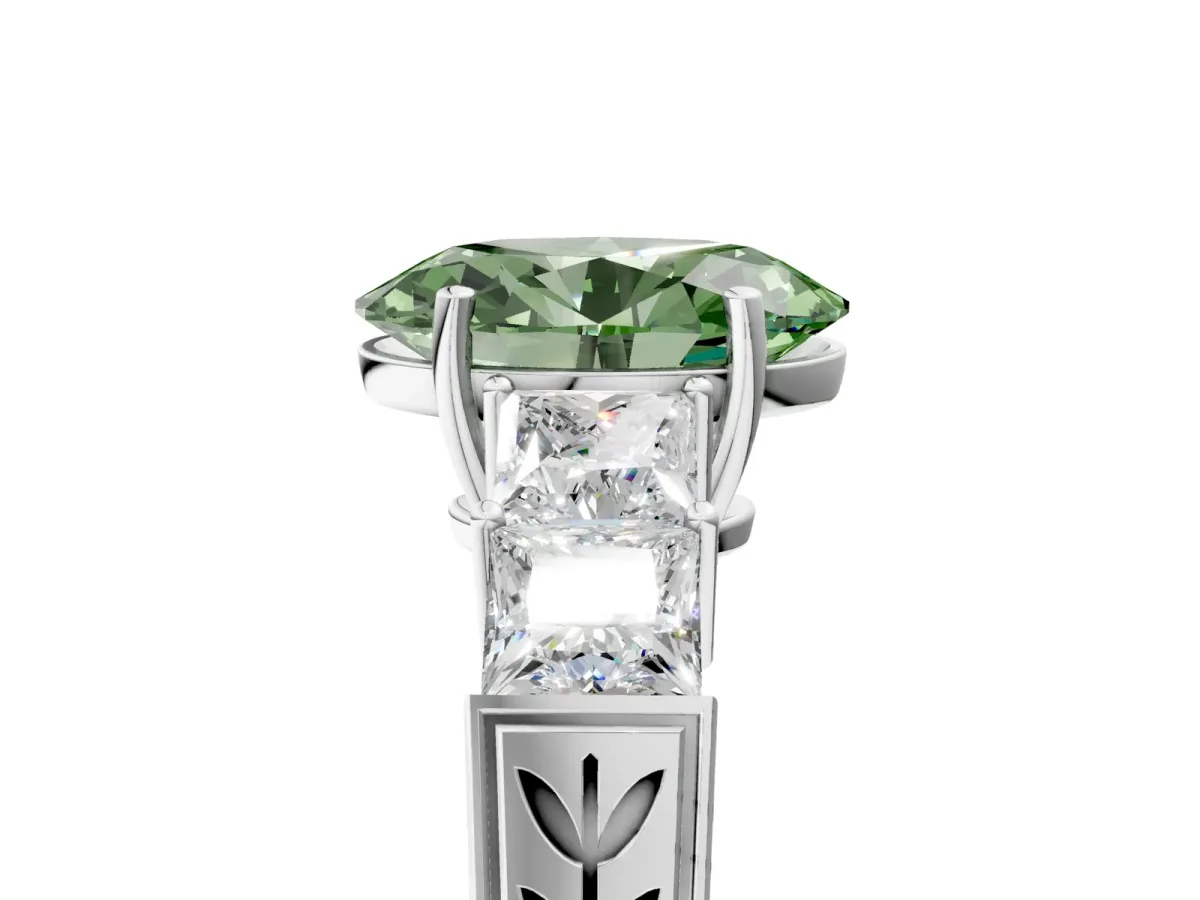 Fancy Green Oval Cut Solitaire Princess Side Stone Engraved Band Prong Setting Ring White gold