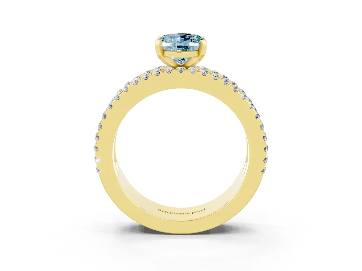 Oval Cut Aquamarine Solitaire Ring with Pavé and Channel Set Band Yellow gold