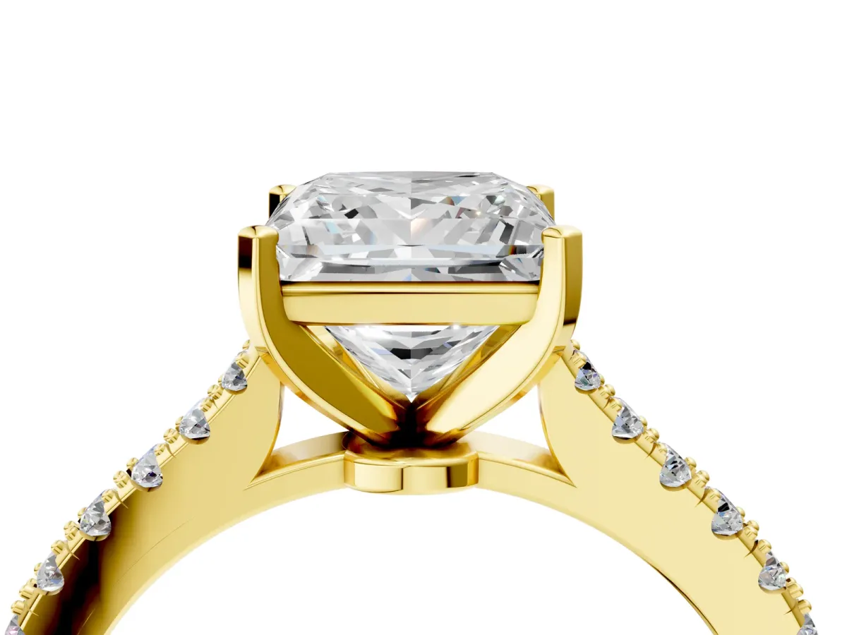 Princess Cut Cut Solitaire Diamond Engagement Ring with Pave Band and Four-Prong Setting Yellow gold