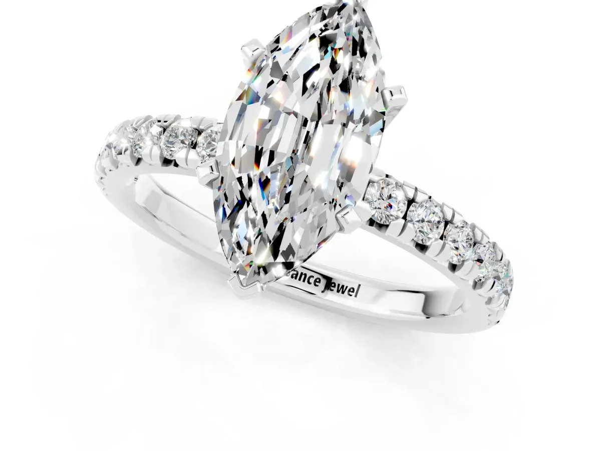 Marquise Cut Moissanite Solitaire Pavé Engagement Ring with Round Band and Prong Setting White gold