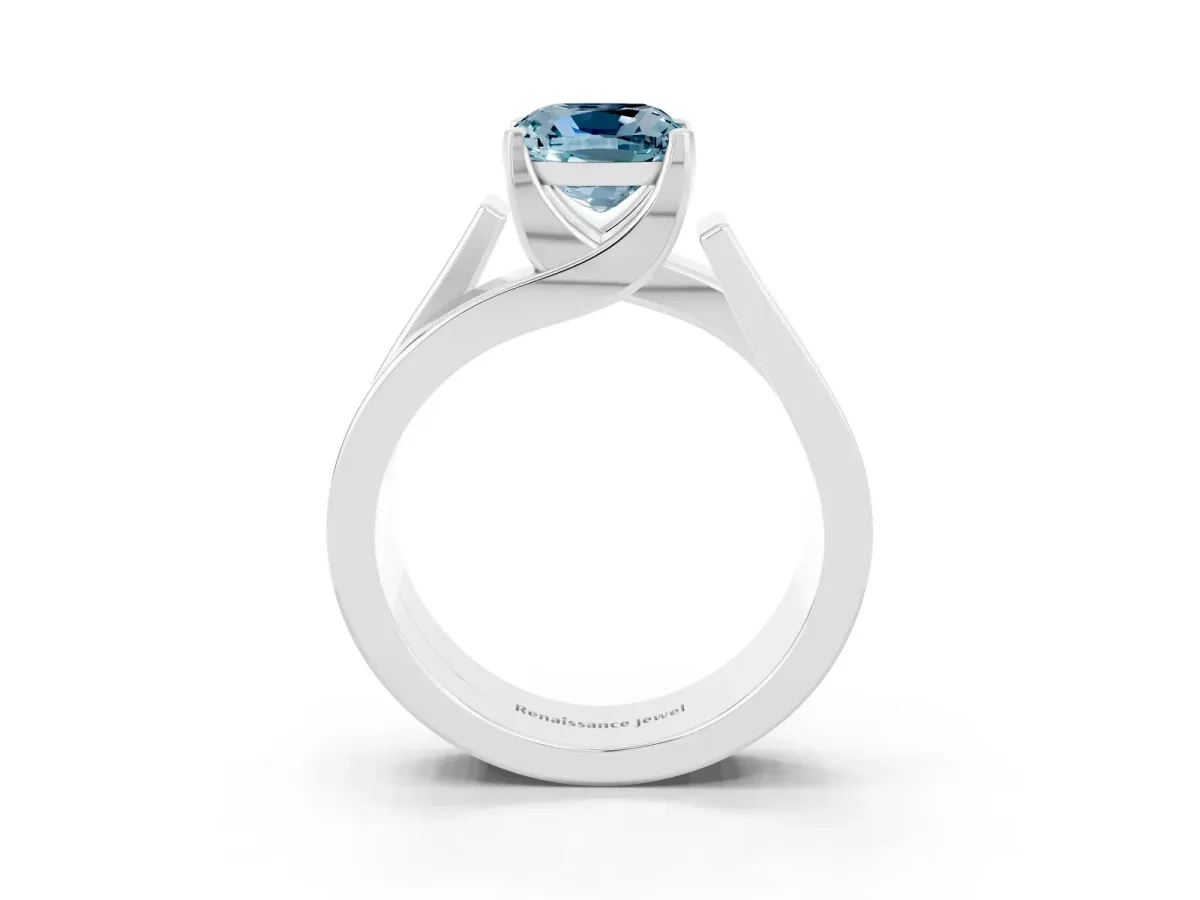 Modern Tension Set Cushion Cut Aquamarine Solitaire Wide Band Ring White gold