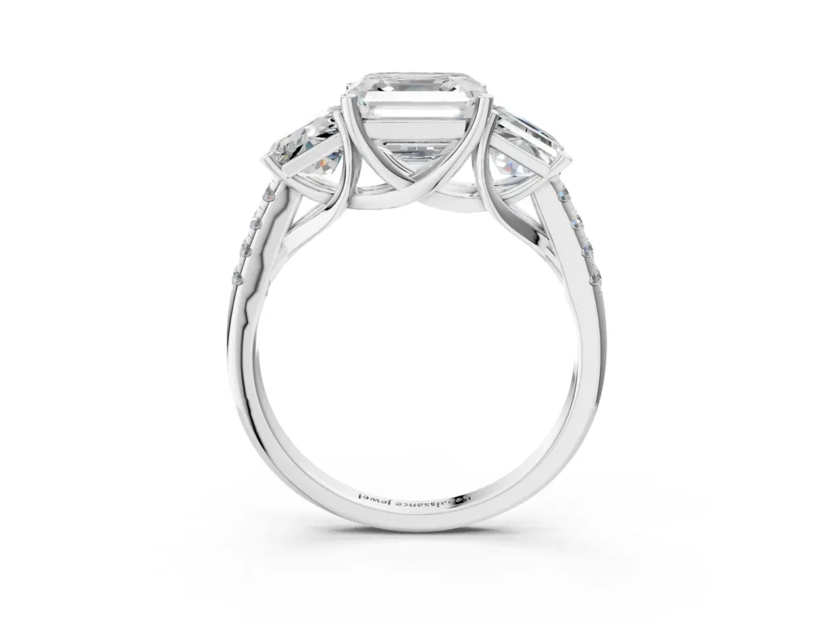 Three-Stone Asscher Cut Diamond Ring with Round Pavé Band and Prong Setting Platinum
