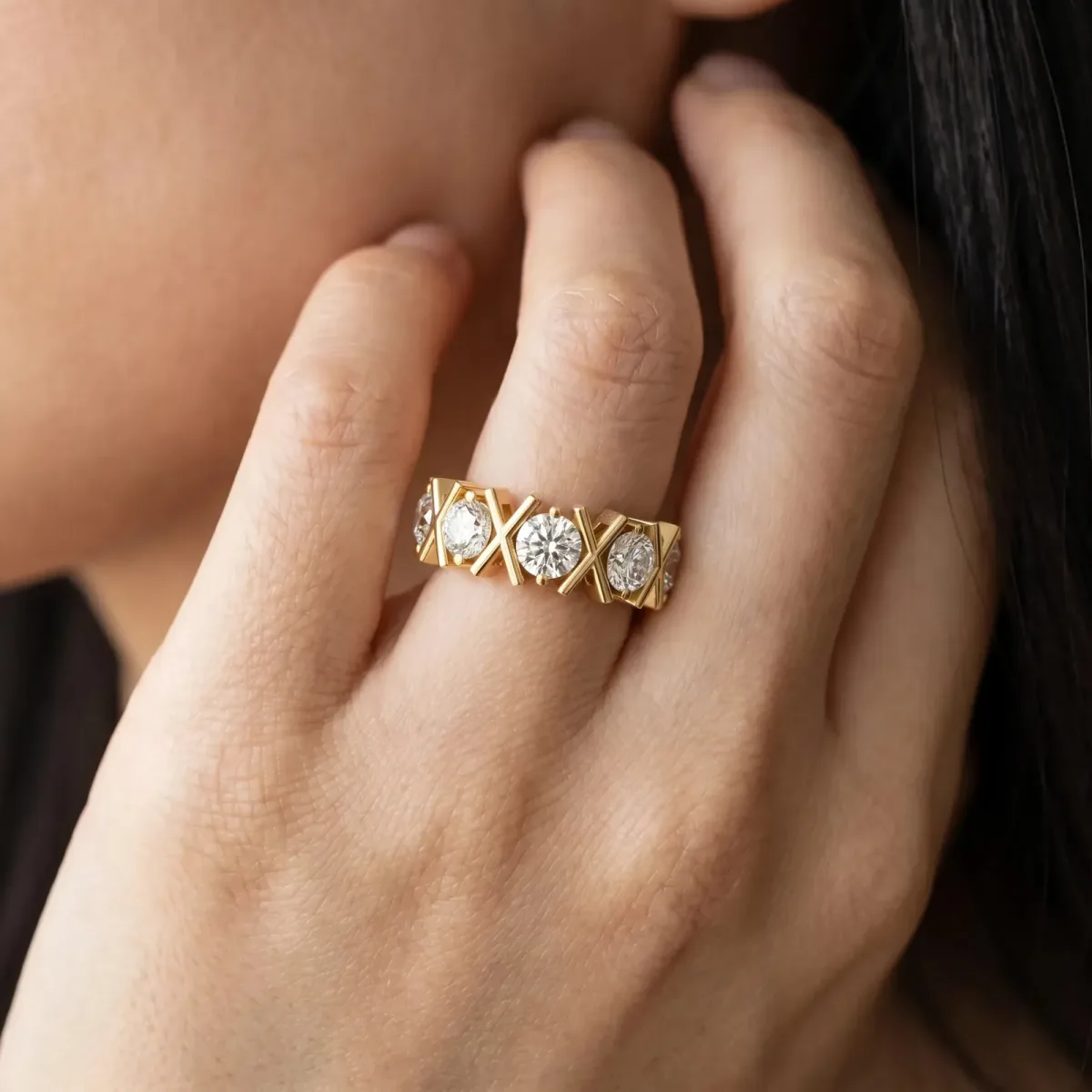 Round Diamond Channel Set Band with X-Prong Detail Yellow gold