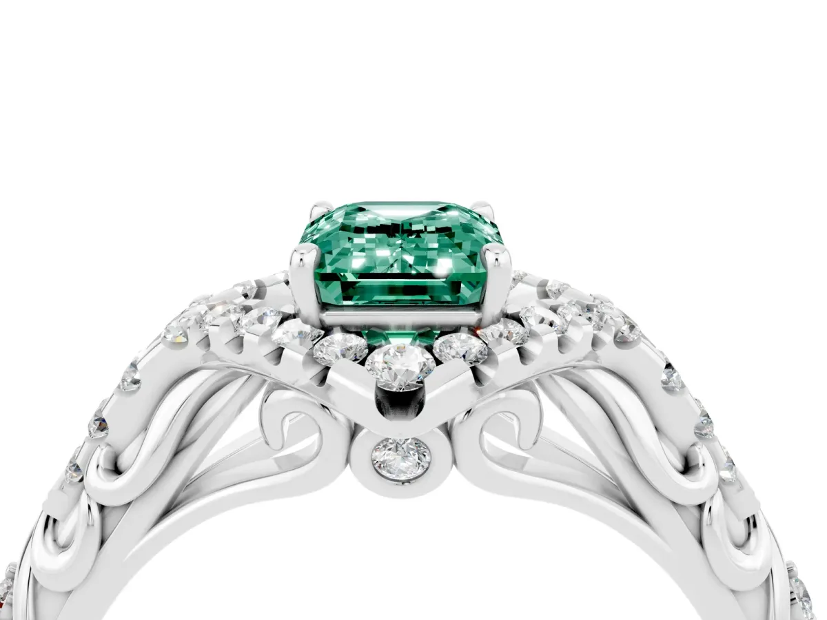 Emerald Cut Green Sapphire Solitaire Ring with Hidden Halo and Pavé Band White gold