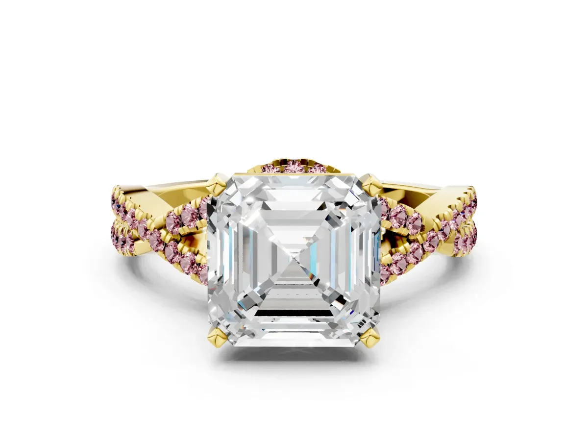 Asscher Cut Diamond Morganite Halo Twist Band Solitaire Prong Setting Ring Yellow gold
