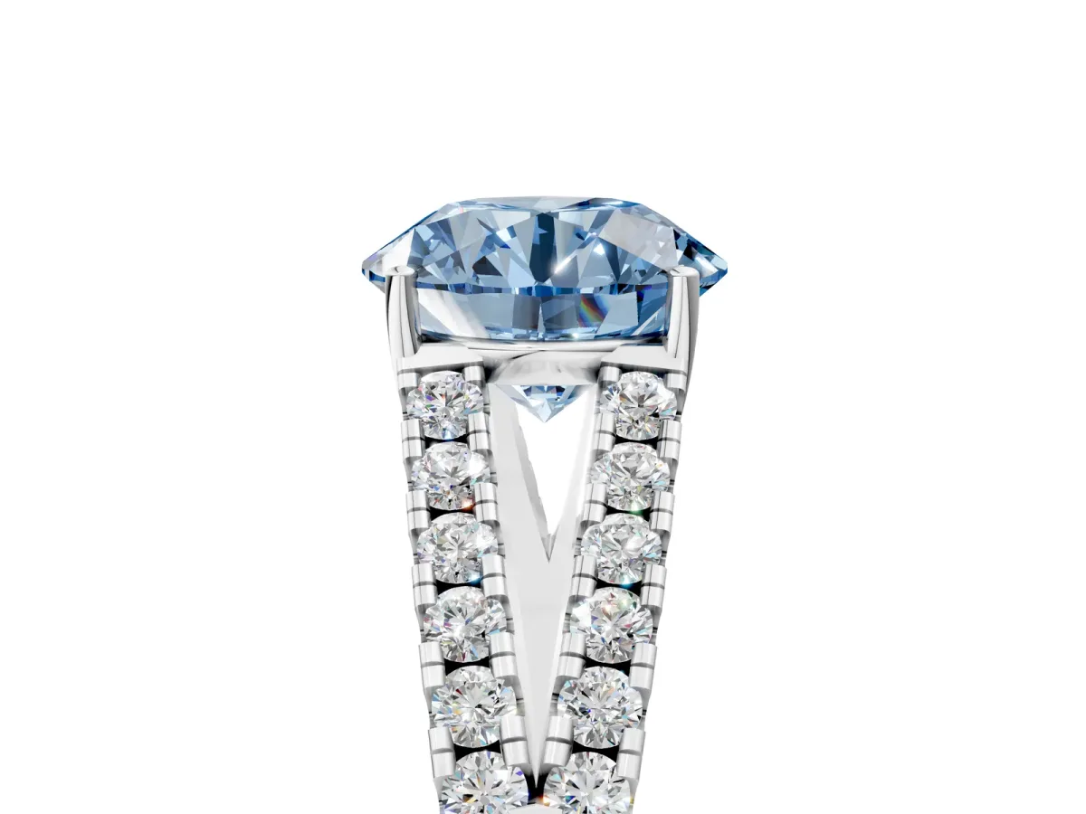 Fancy Blue Round Cut Diamond Split Shank Engagement Ring with Round Pavé and Prong Setting Platinum