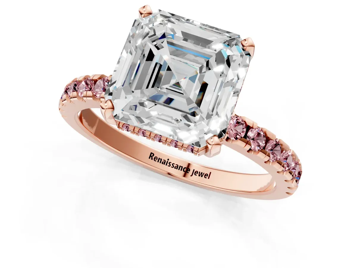 Asscher Cut Diamond Solitaire Ring with Round Morganite Pavé Band and Four-Prong Setting Rose gold