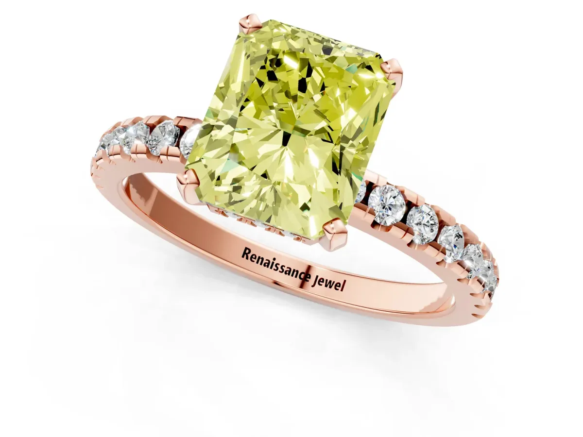 Fancy Yellow Radiant Cut Diamond Solitaire Ring with Round Pavé Band and Four-Prong Setting Rose gold