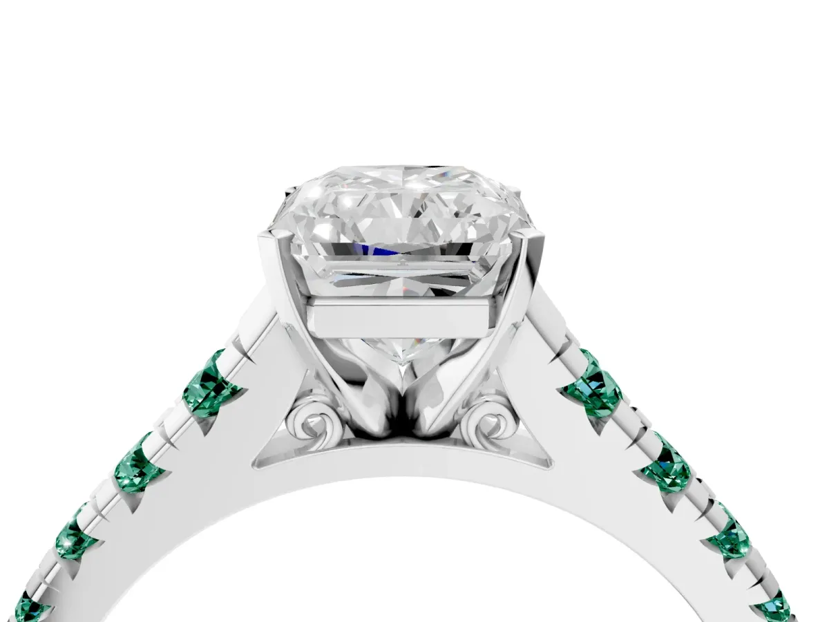 Radiant Cut Diamond Cathedral Solitaire Ring with Round Green Sapphire Pavé Band White gold