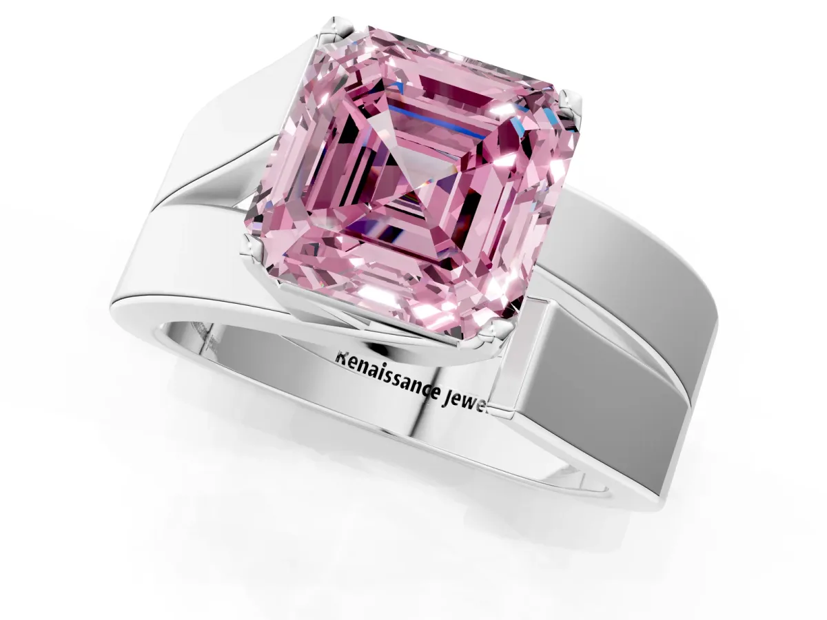 Fancy Pink Modern Tension Set Asscher Cut Diamond Solitaire Wide Band Ring Silver