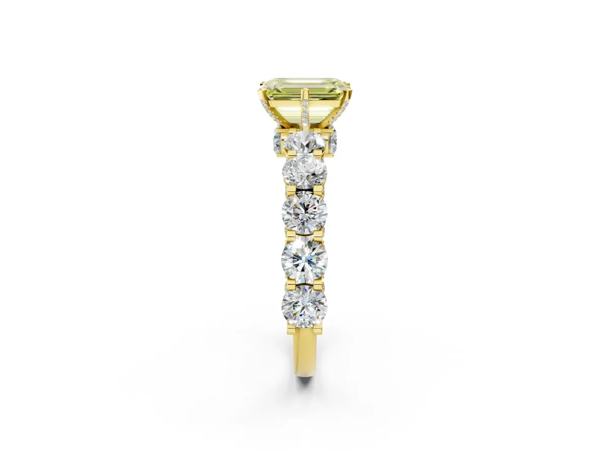 Fancy Yellow Emerald Cut Diamond Side Stone Engagement Ring with Four-Prong Setting Yellow gold