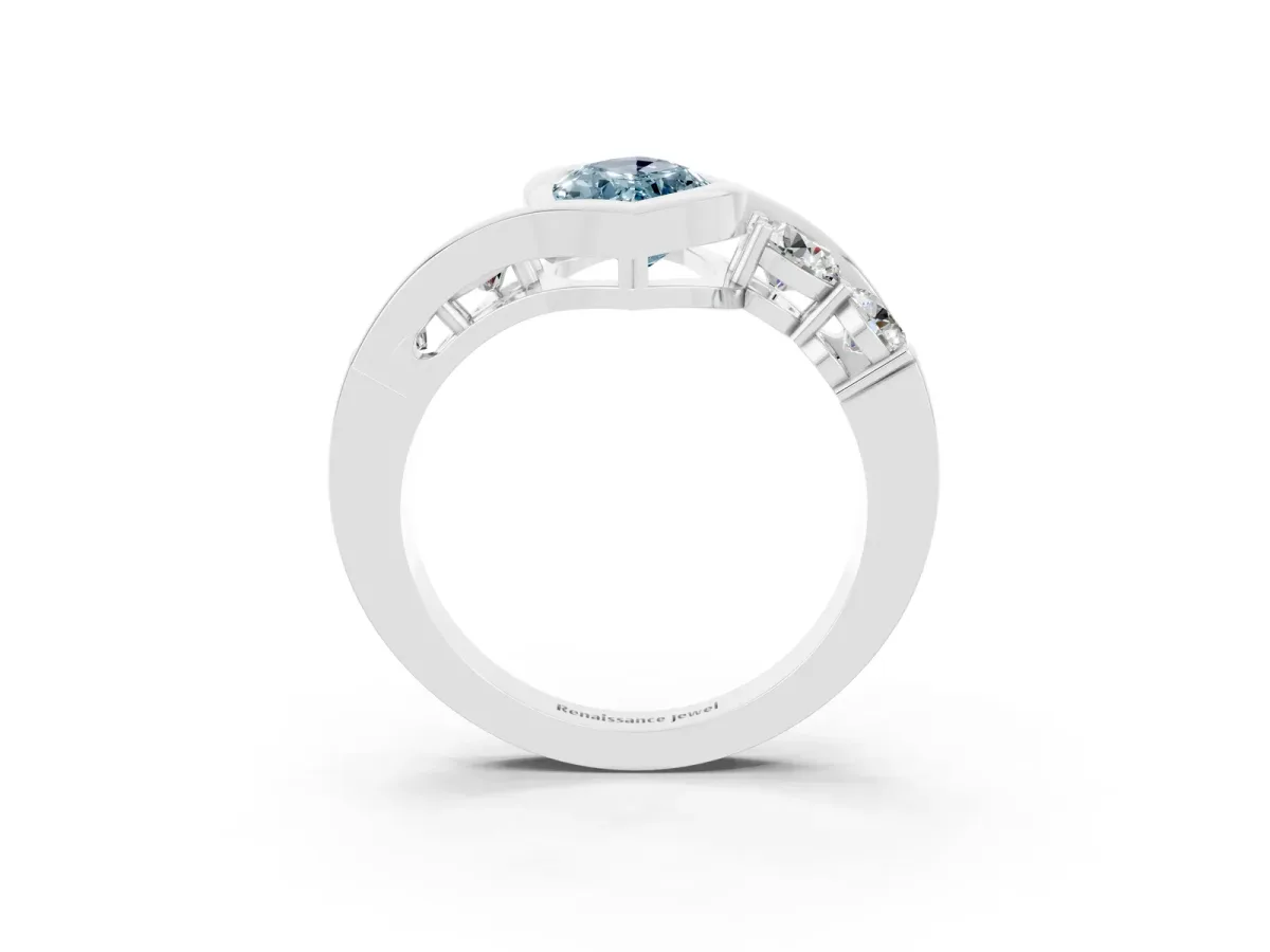 Bezel Set Marquise Cut Aquamarine Bypass Ring with Round Accents Silver