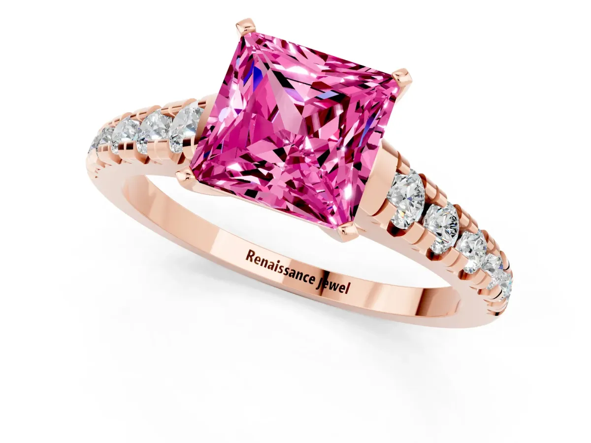 Princess Cut Pink Sapphire Cathedral Solitaire Ring with Round Pavé Band Rose gold