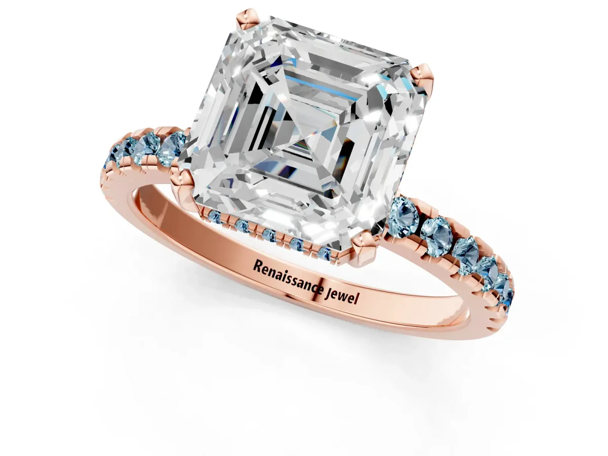 Asscher Cut Diamond Solitaire Ring with Round Aquamarine Pavé Band and Four-Prong Setting Rose gold