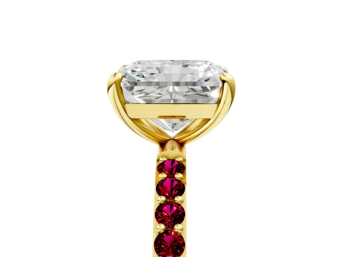Radiant Cut Diamond Solitaire Ring with Round Garnet Pavé Band and Prong Setting Yellow gold