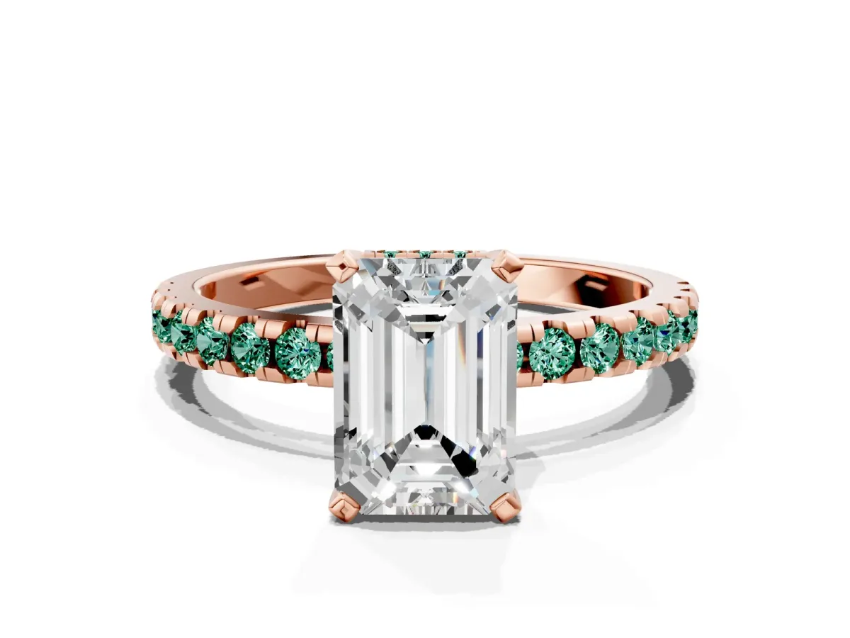 Emerald Cut Diamond Solitaire Ring with Round Green Sapphire Pavé Band and Four-Prong Setting Rose gold