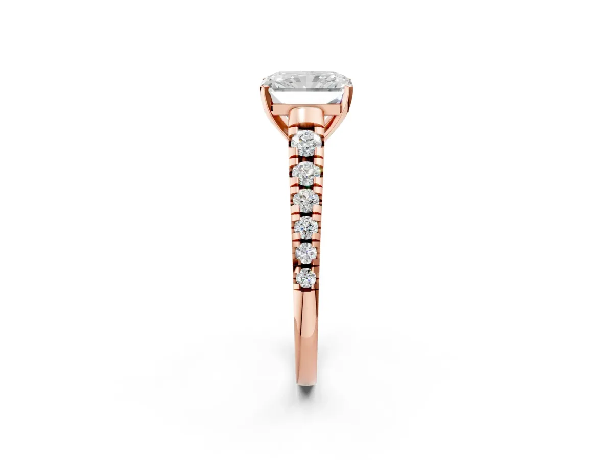 Radiant Cut Diamond Cathedral Solitaire Ring with Round Moissanite Pavé Band Rose gold