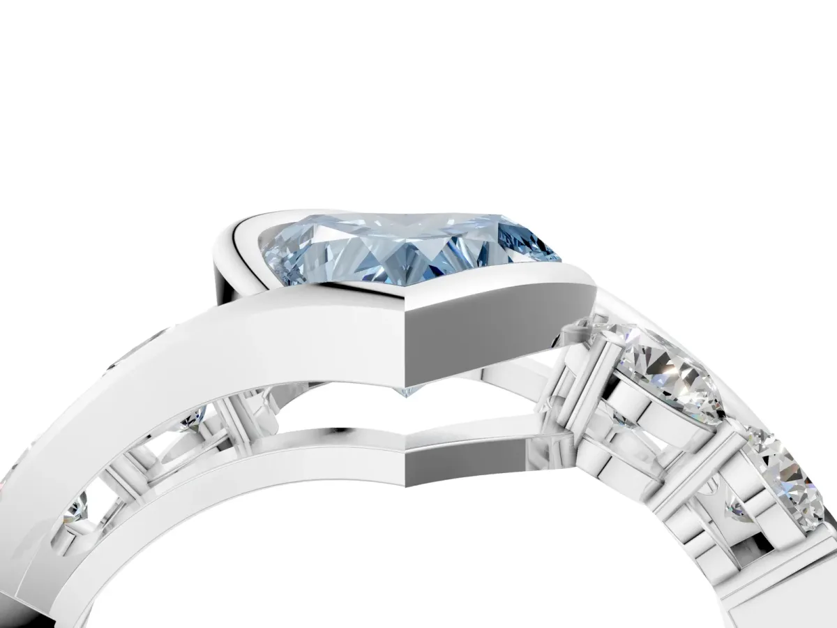 Fancy Blue Bezel Set Heart Cut Diamond Bypass Ring with Round Accents Silver