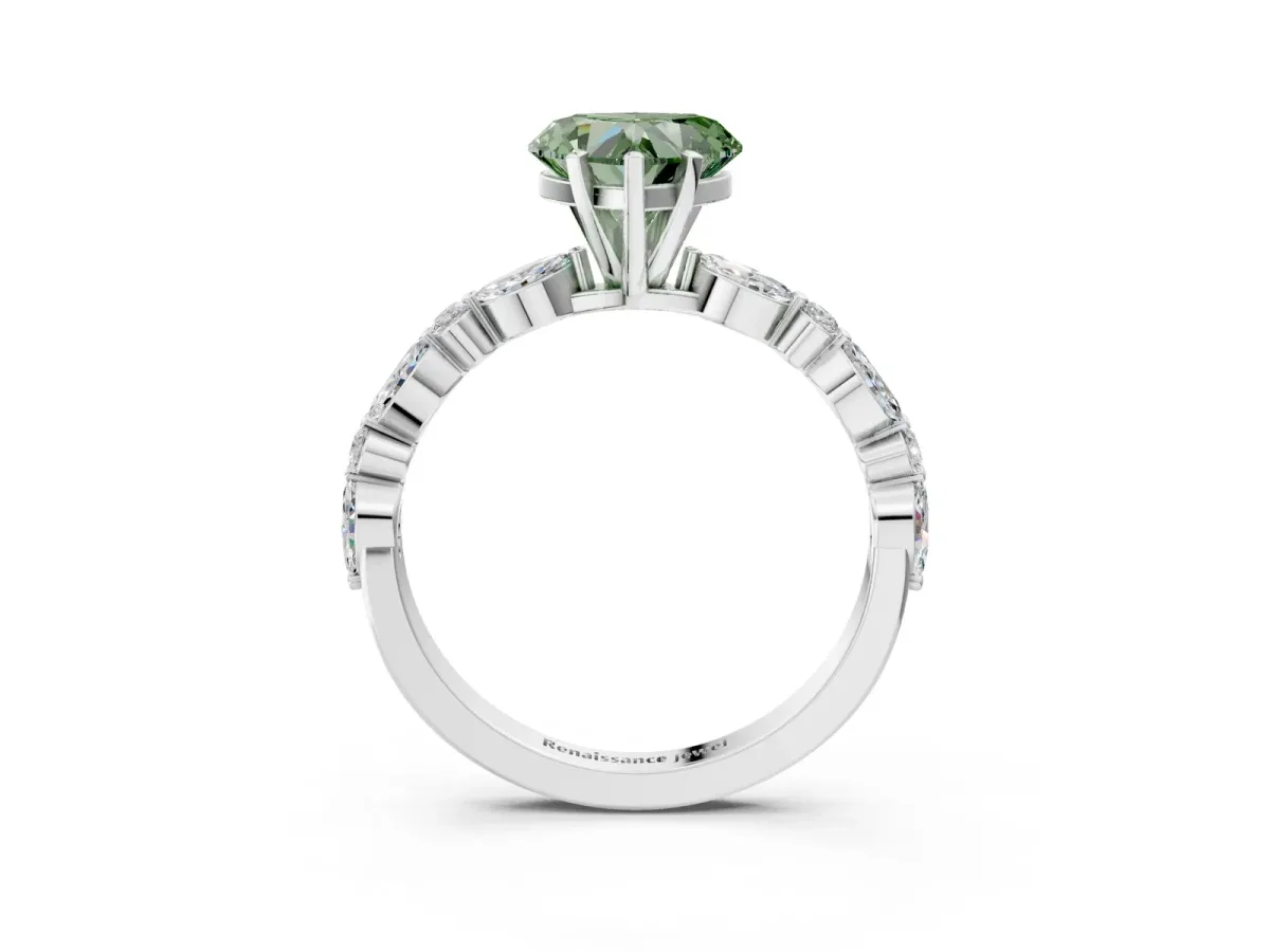 Fancy Green Heart Cut Diamond Ring with Marquise and Round Side Stones and Four-Prong Setting White gold