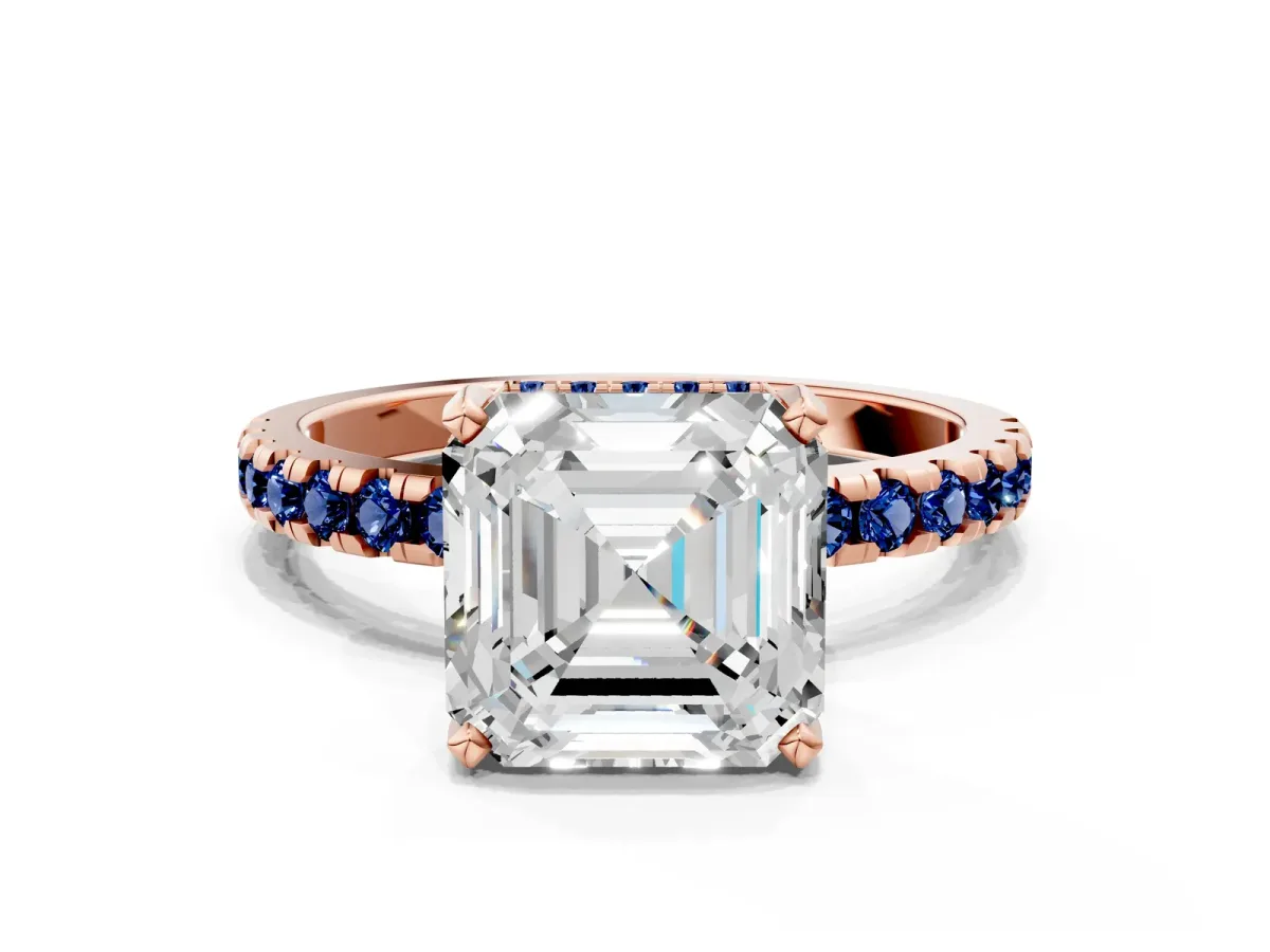 Asscher Cut Diamond Solitaire Ring with Round Blue Sapphire Pavé Band and Four-Prong Setting Rose gold
