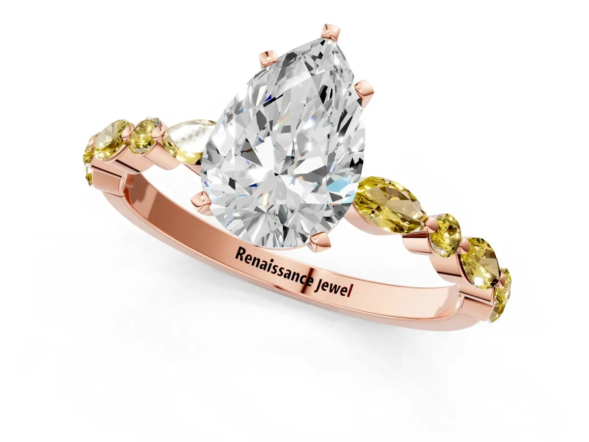 Pear Cut Diamond Ring with Marquise and Round Yellow Sapphire Side Stones and Four-Prong Setting Rose gold