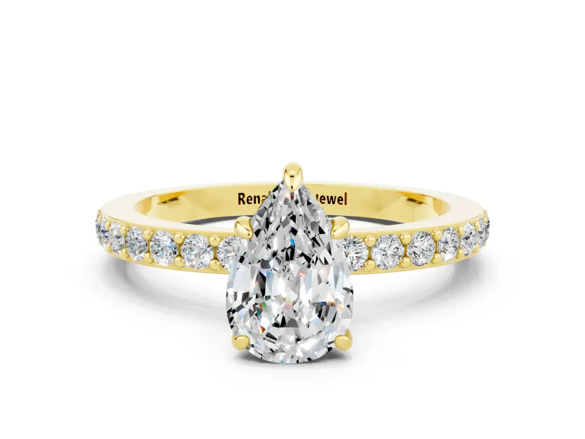 Pear Cut Moissanite Solitaire Engagement Ring with Pavé Band and Four-Prong Setting Yellow gold