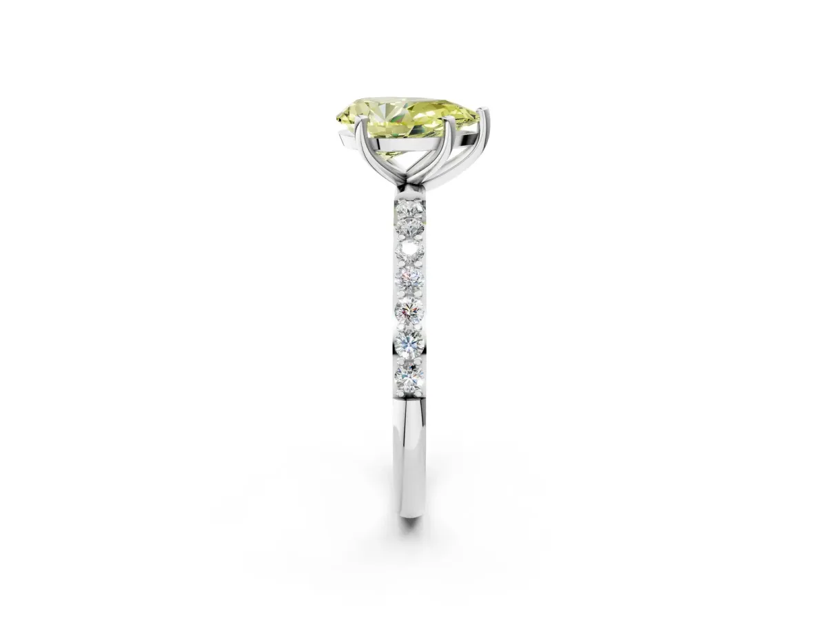 Fancy Yellow Pear Cut Diamond Solitaire Ring with Round Pavé Shoulders and Prong Setting White gold