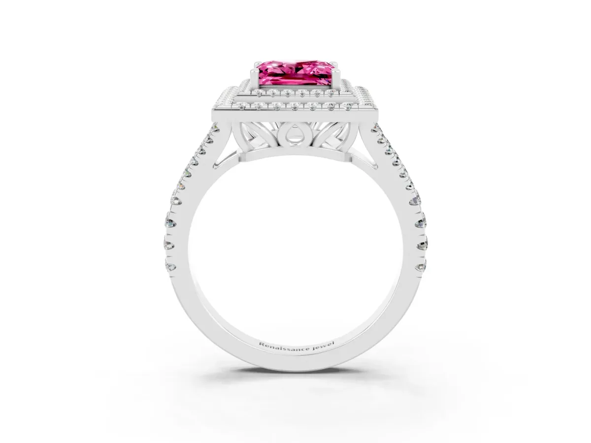 Princess Cut Pink Sapphire Double Halo Ring with Pavé Band and Prong Setting White gold