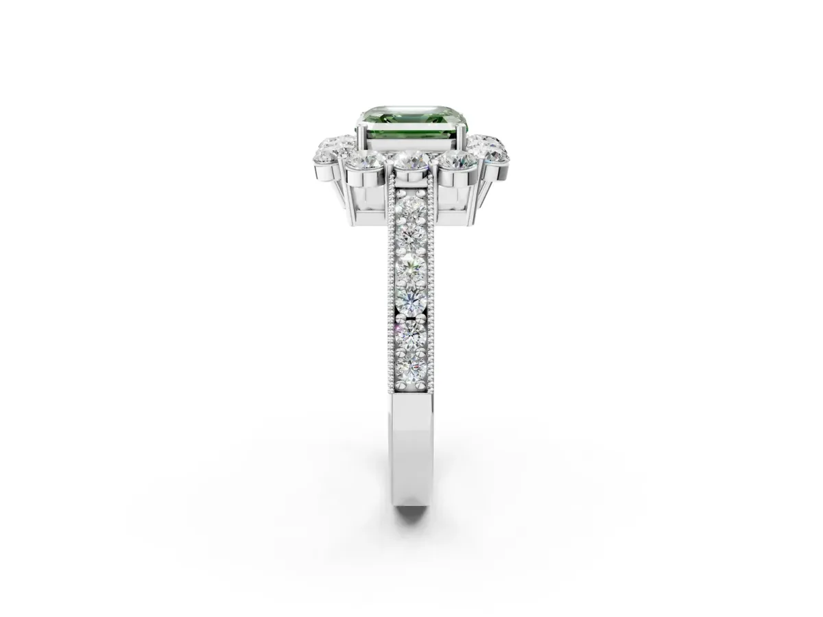 Fancy Green Asscher Cut Cut Halo Diamond Pavé Engagement Ring with Milgrain Detailing Platinum