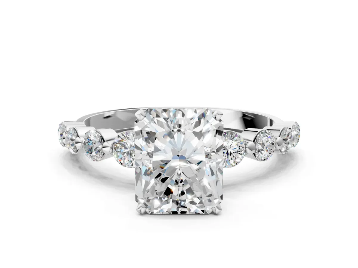 Radiant Cut Solitaire Diamond Ring with Pave Band and Four-Prong Setting Platinum