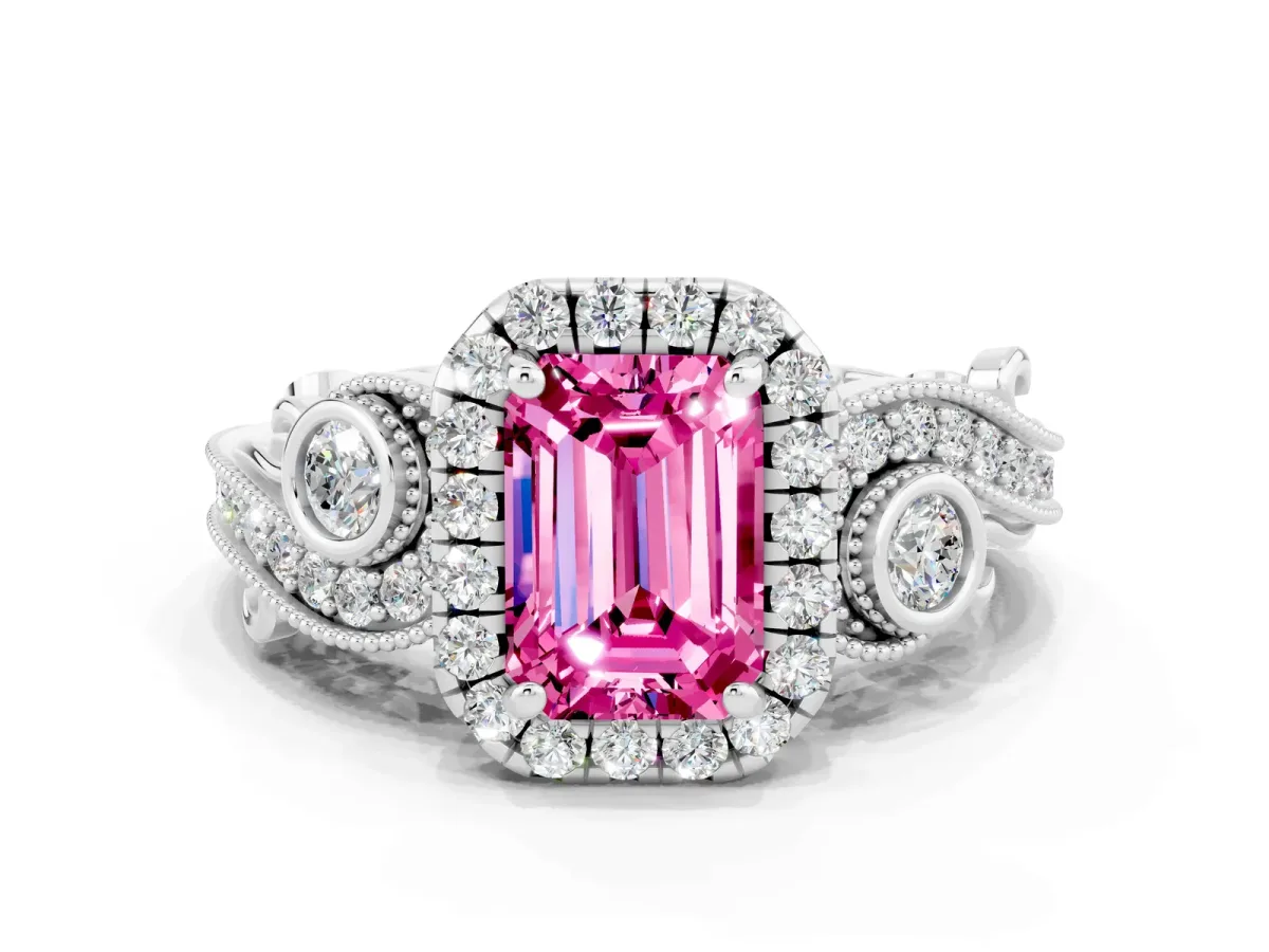 Emerald Cut Pink Sapphire Halo Ring with Milgrain Pavé Band and Four-Prong Setting White gold