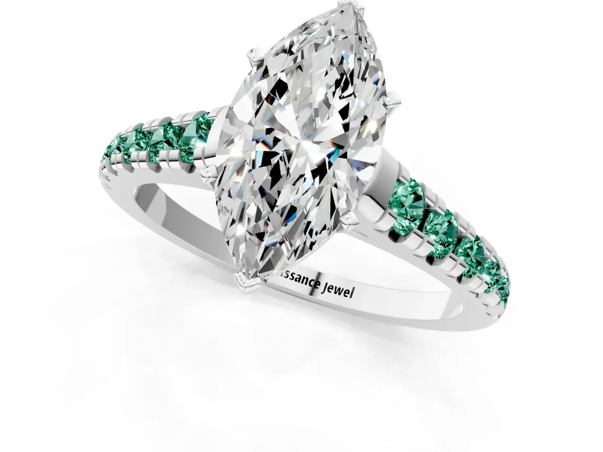 Marquise Cut Diamond Cathedral Solitaire Ring with Round Green Sapphire Pavé Band White gold