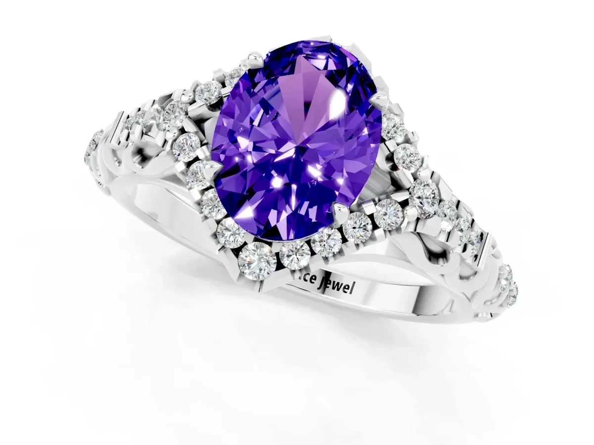 Oval Cut Tanzanite Solitaire Ring with Hidden Halo and Pavé Band White gold