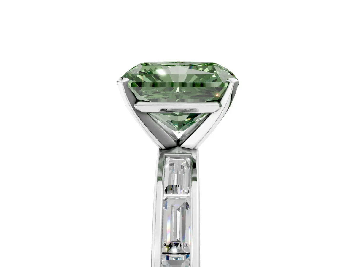 Fancy Green Radiant Cut Solitaire Diamond Ring with Channel-Set Baguette Band and Four-Prong Setting Platinum