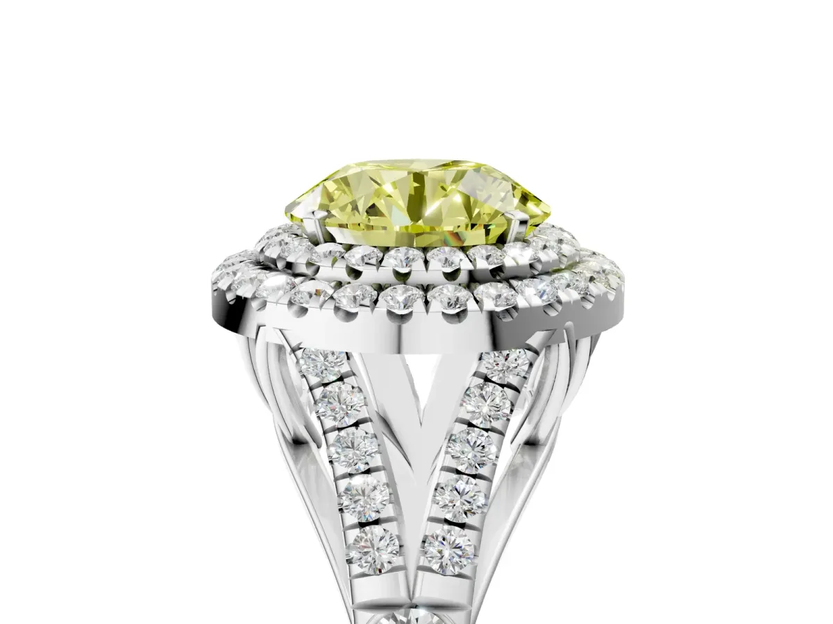 Fancy Yellow Double Halo Round Cut Diamond Split Shank Engagement Ring with Four-Prong Setting White gold