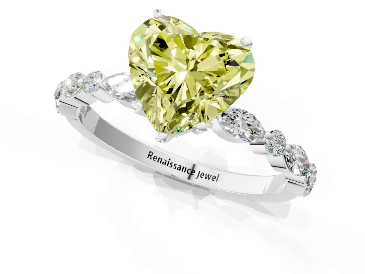 Fancy Yellow Heart Cut Diamond Ring with Marquise and Round Side Stones and Four-Prong Setting White gold