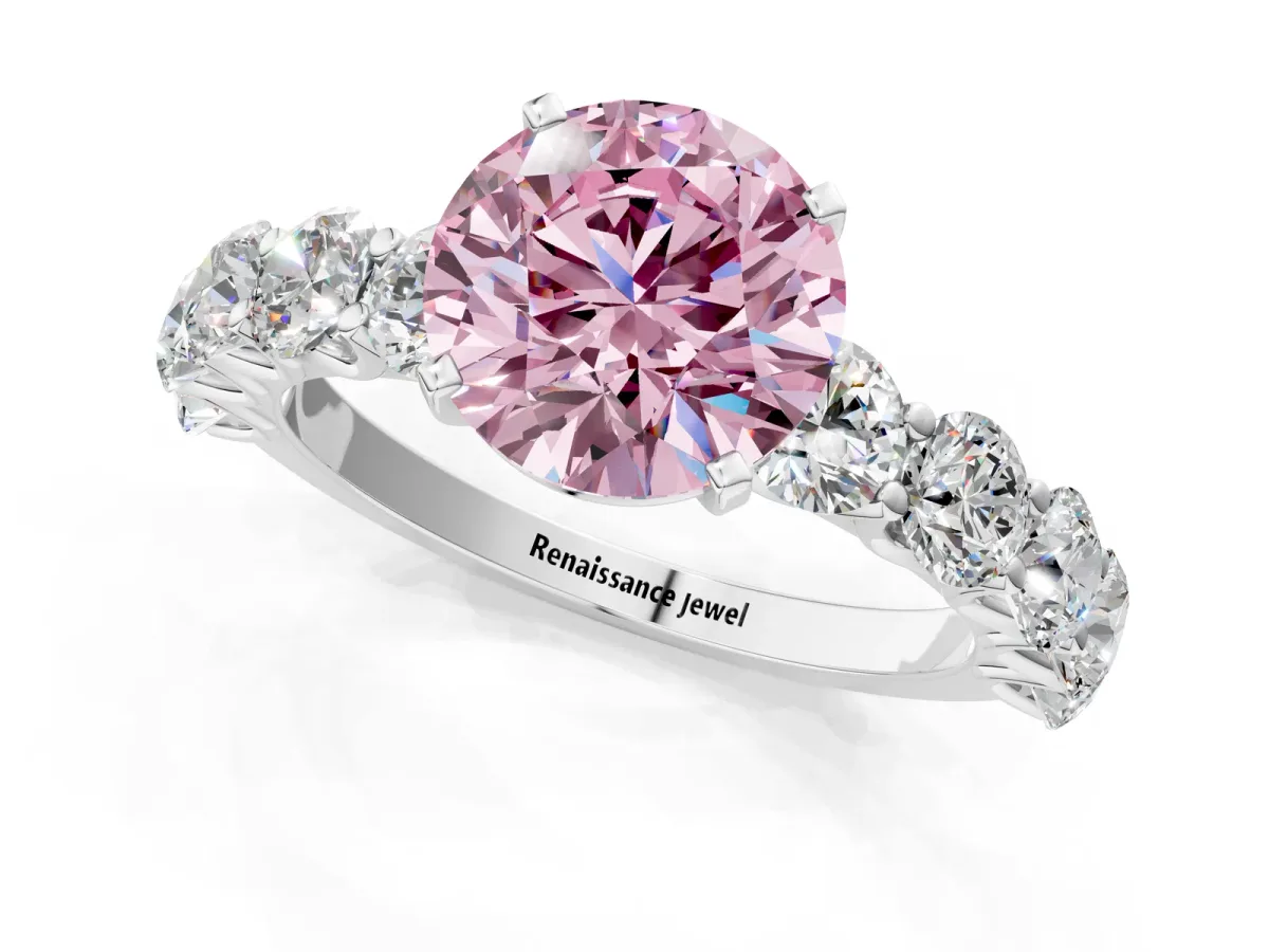 Fancy Pink Round Cut Diamond Prong Setting with Side Stones on a Pave Band Silver