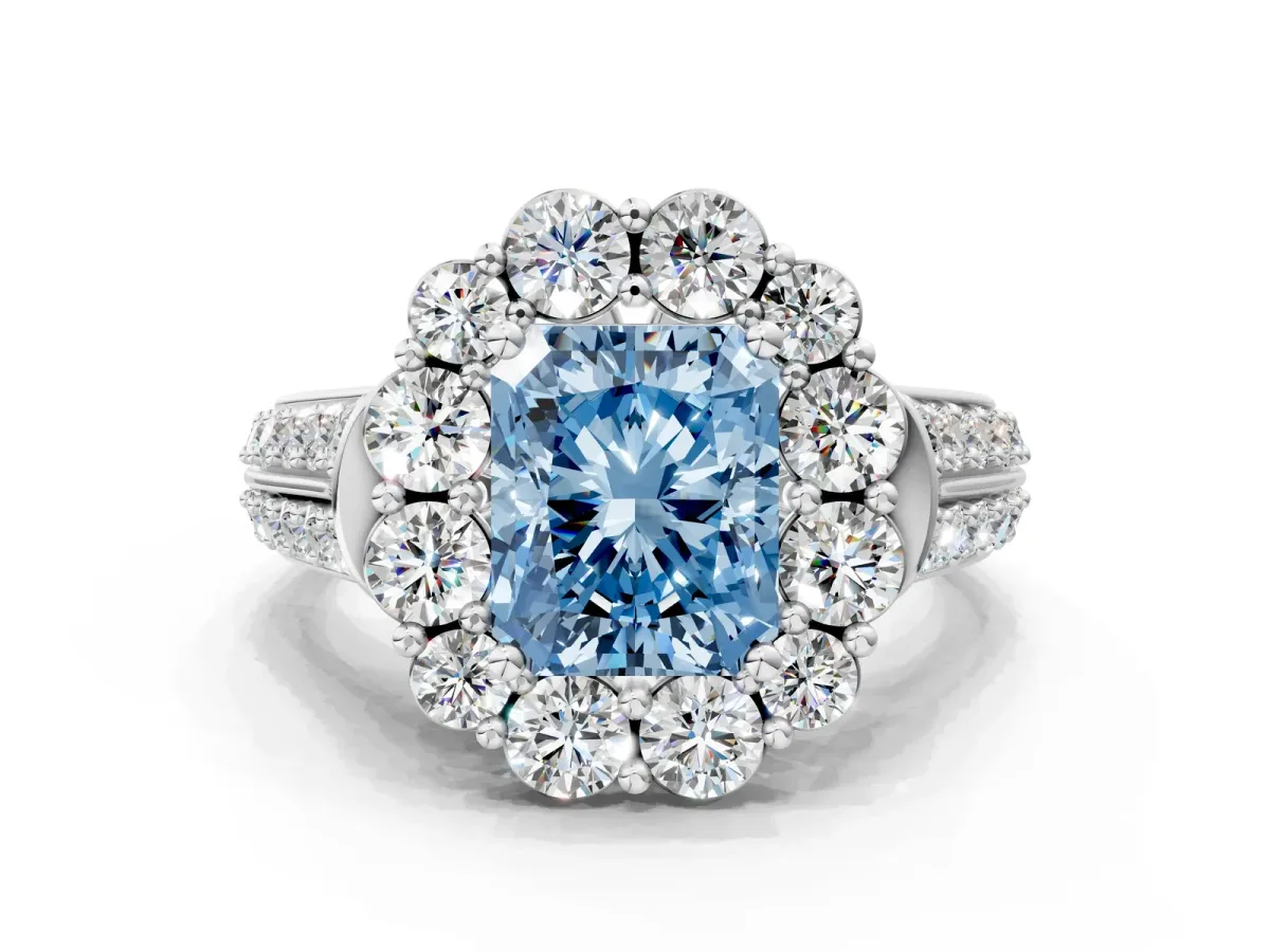 Fancy Blue Radiant Cut Halo Diamond Engagement Ring with Split Shank and Prong Setting Platinum